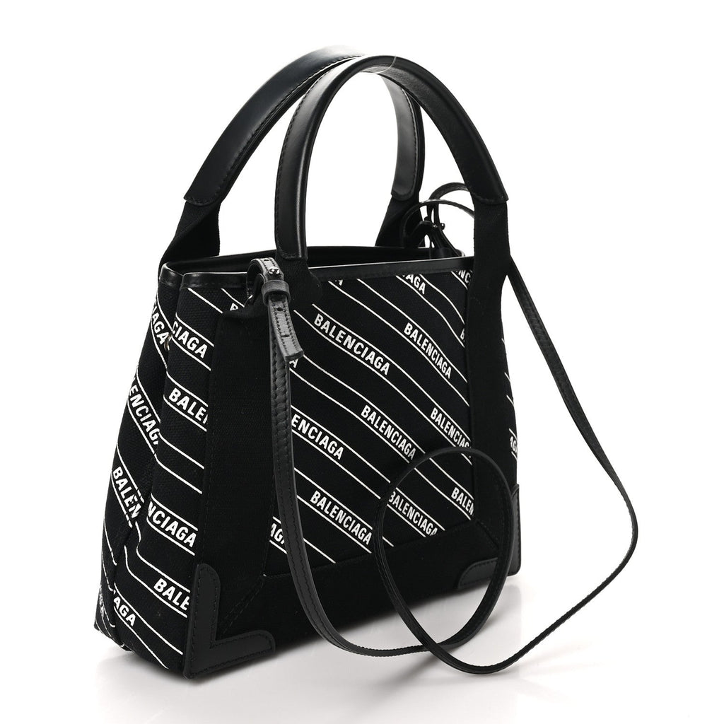 Cotton Canvas Calfskin Logo Print Navy Cabas XS Black White