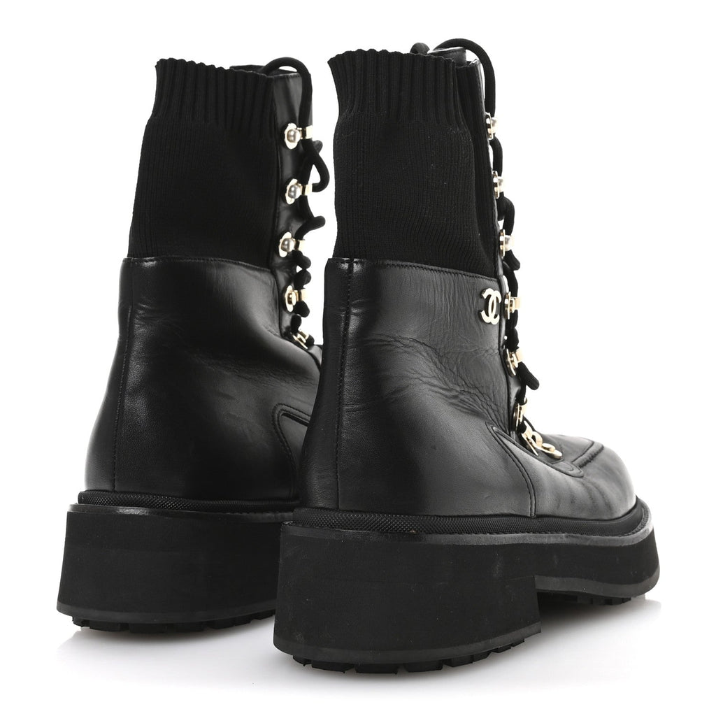 Calfskin Knit Lace Up Combat Boots 37.5 Black