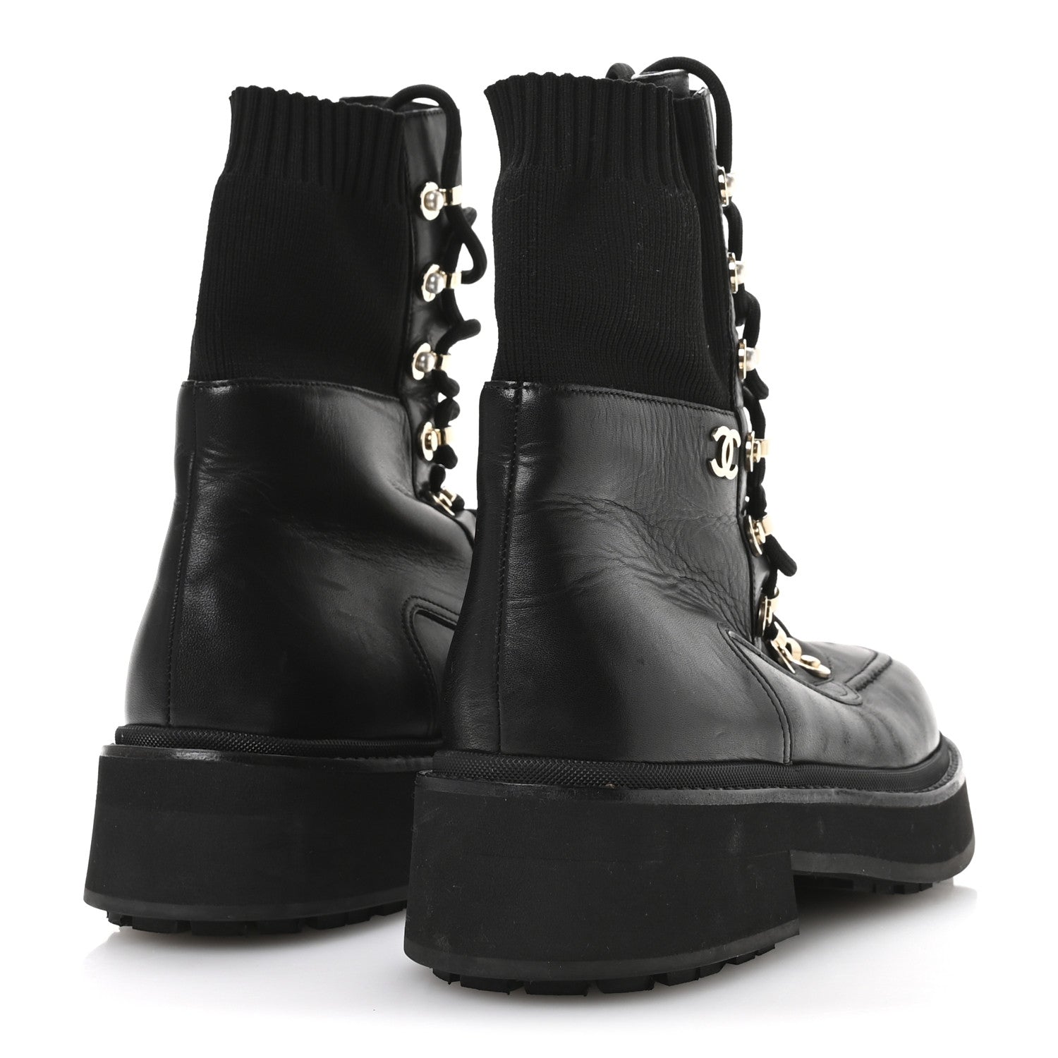 Calfskin Knit Lace Up Combat Boots 37.5 Black