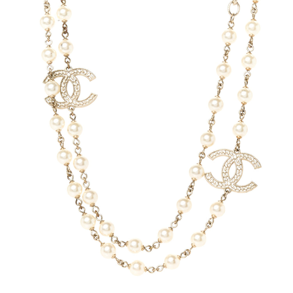 Crystal Pearl CC Long Necklace Gold