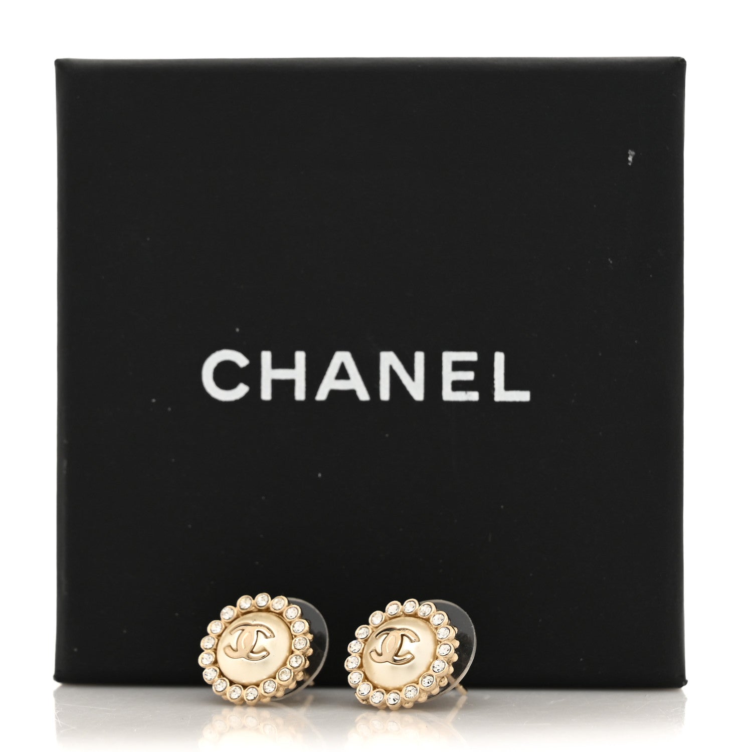 Metal Pearl Crystal CC Round Earrings Light Gold