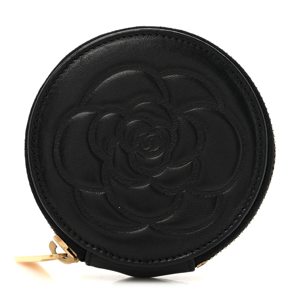 Lambskin Round Camellia CC Coin Purse Black