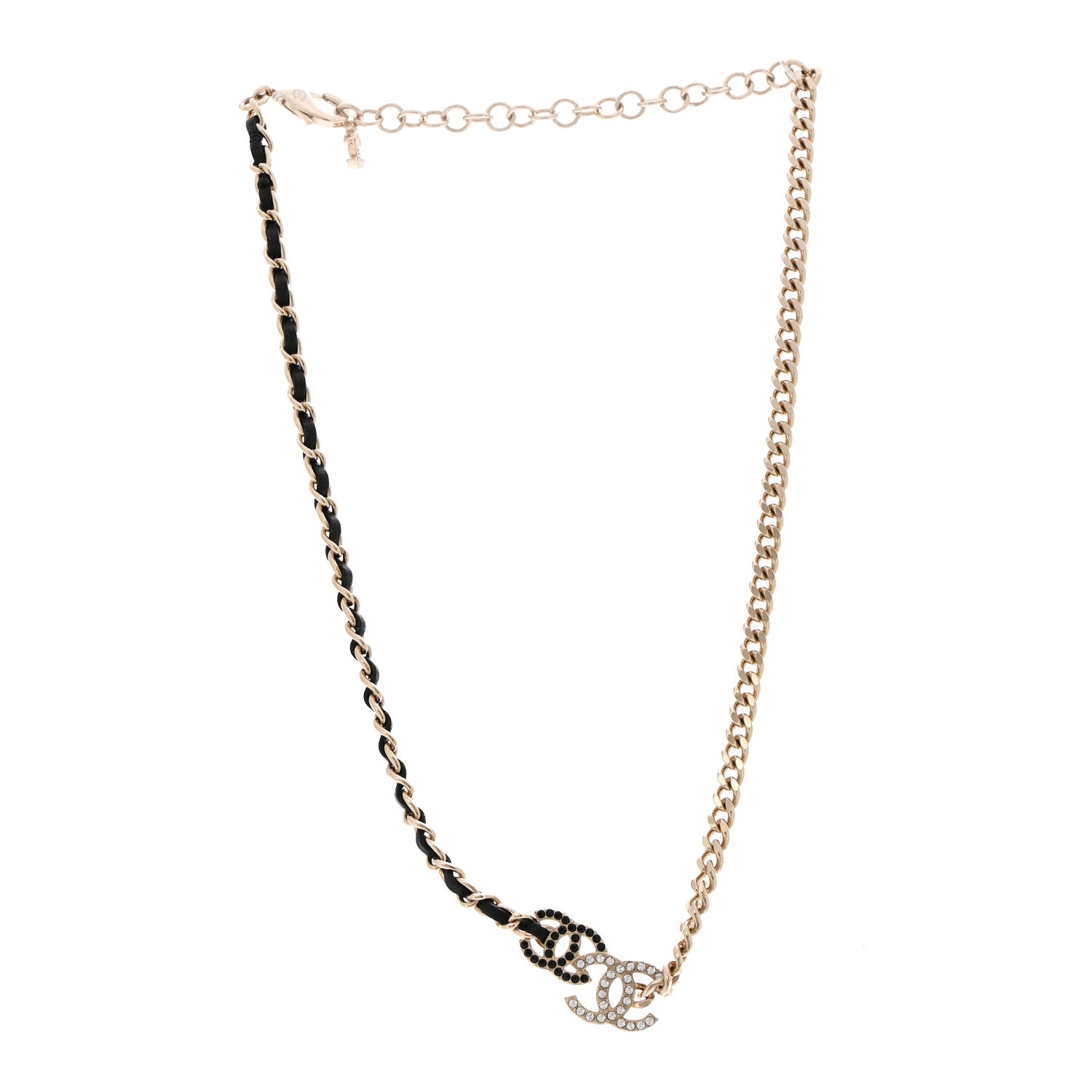 Metal Calfskin Crystal Double CC Short Necklace Black Gold