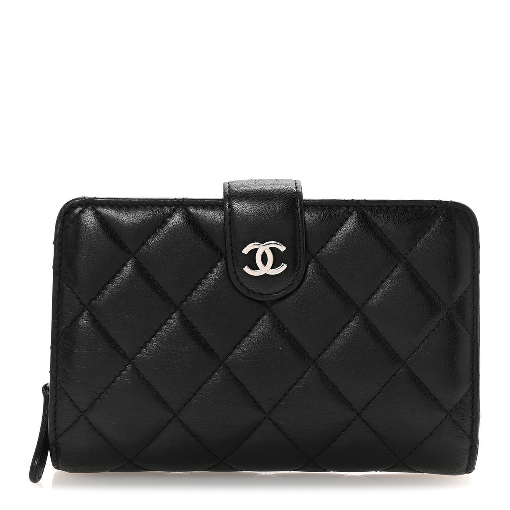 Lambskin Quilted Zipped Pocket Wallet Black