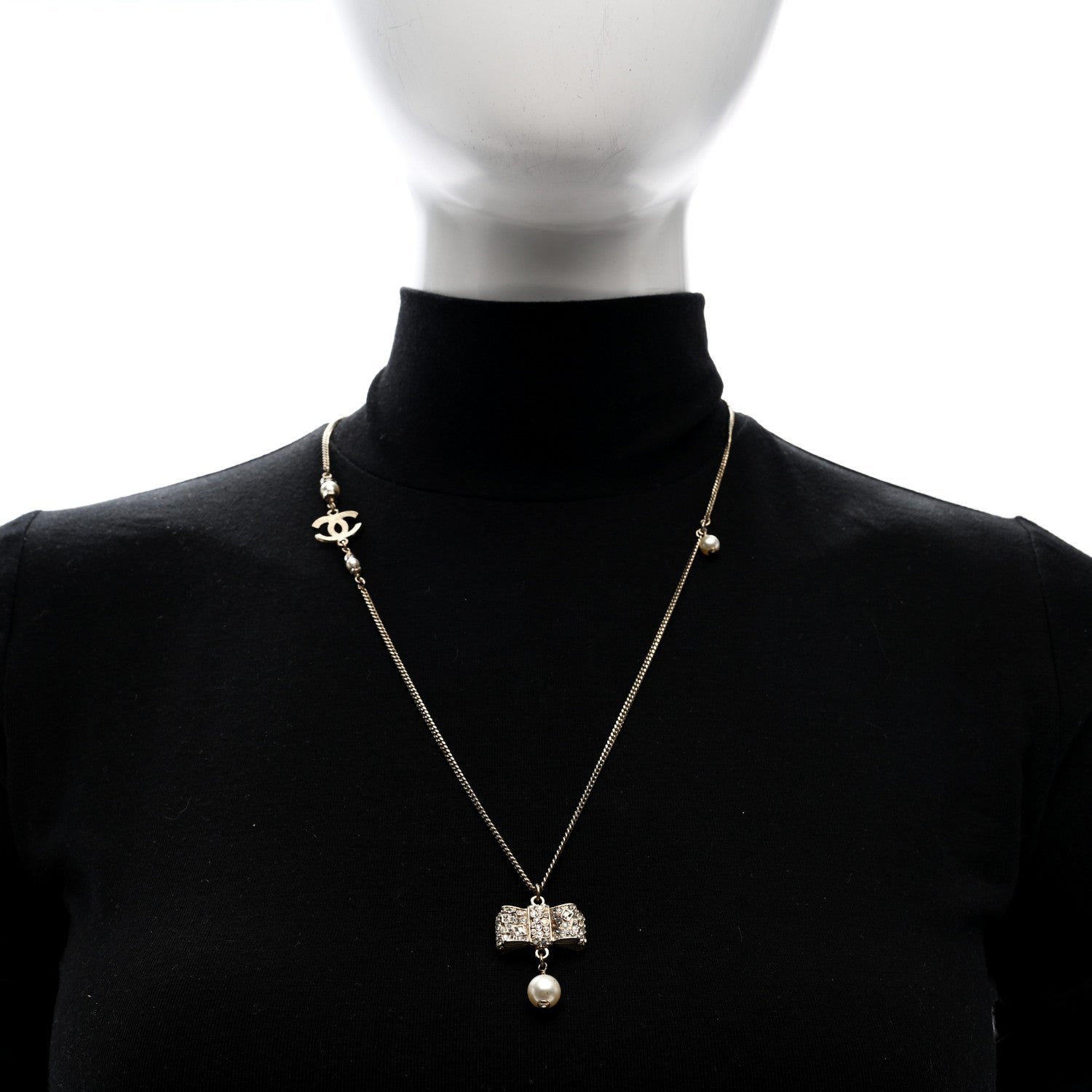 Metal Crystal Pearl CC Bow Necklace Gold