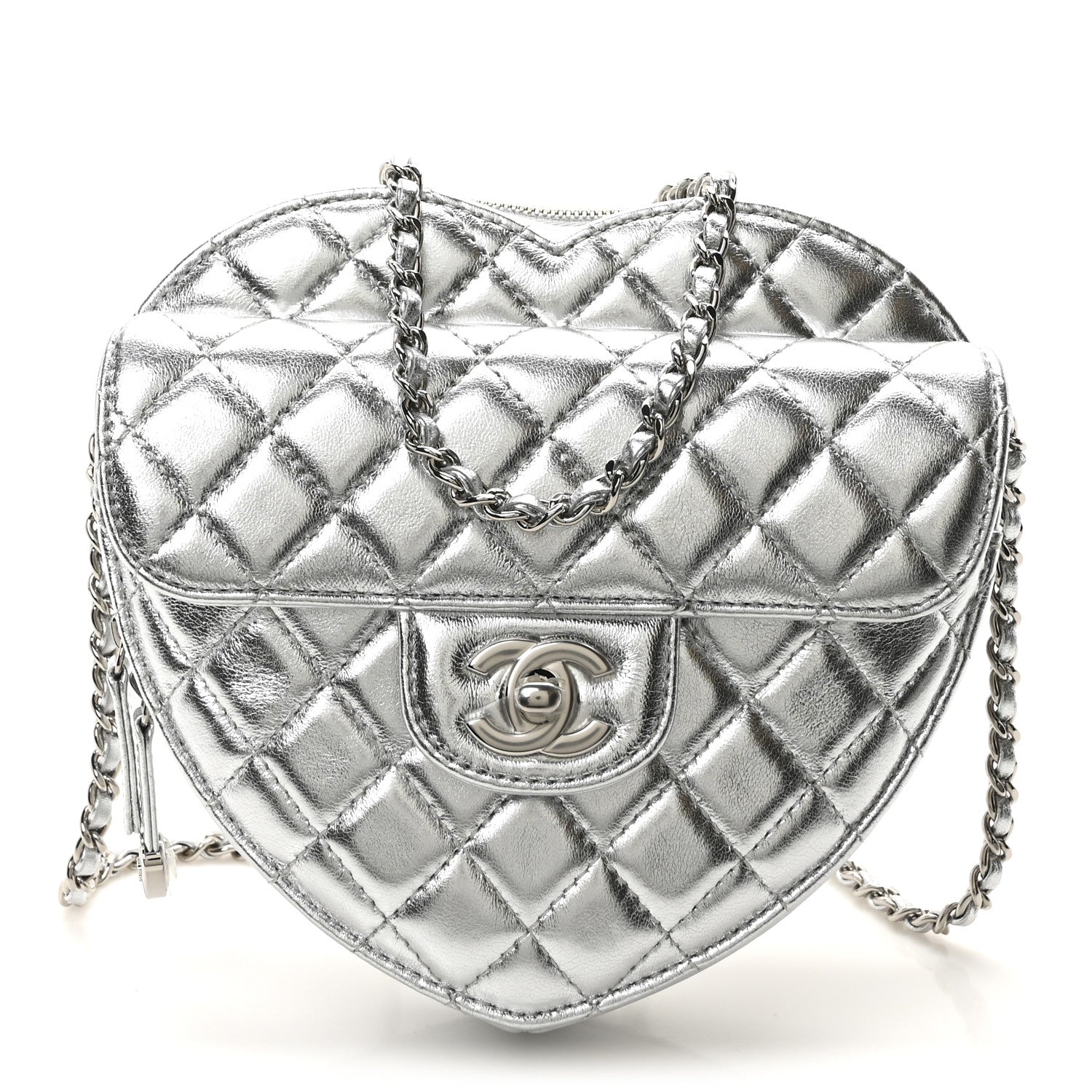 Metallic Lambskin Quilted CC In Love Heart Bag Silver