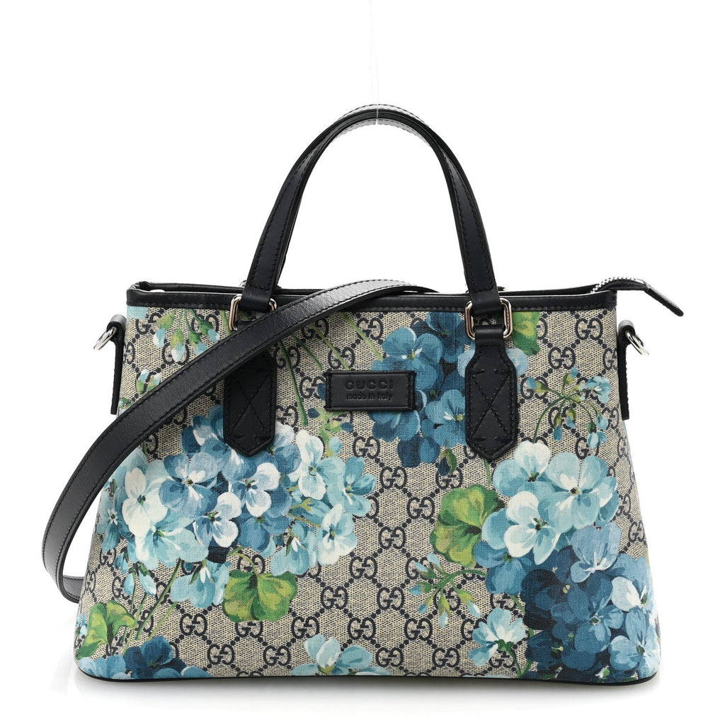 GG Supreme Monogram Blooms Small Zippered Tote Blue