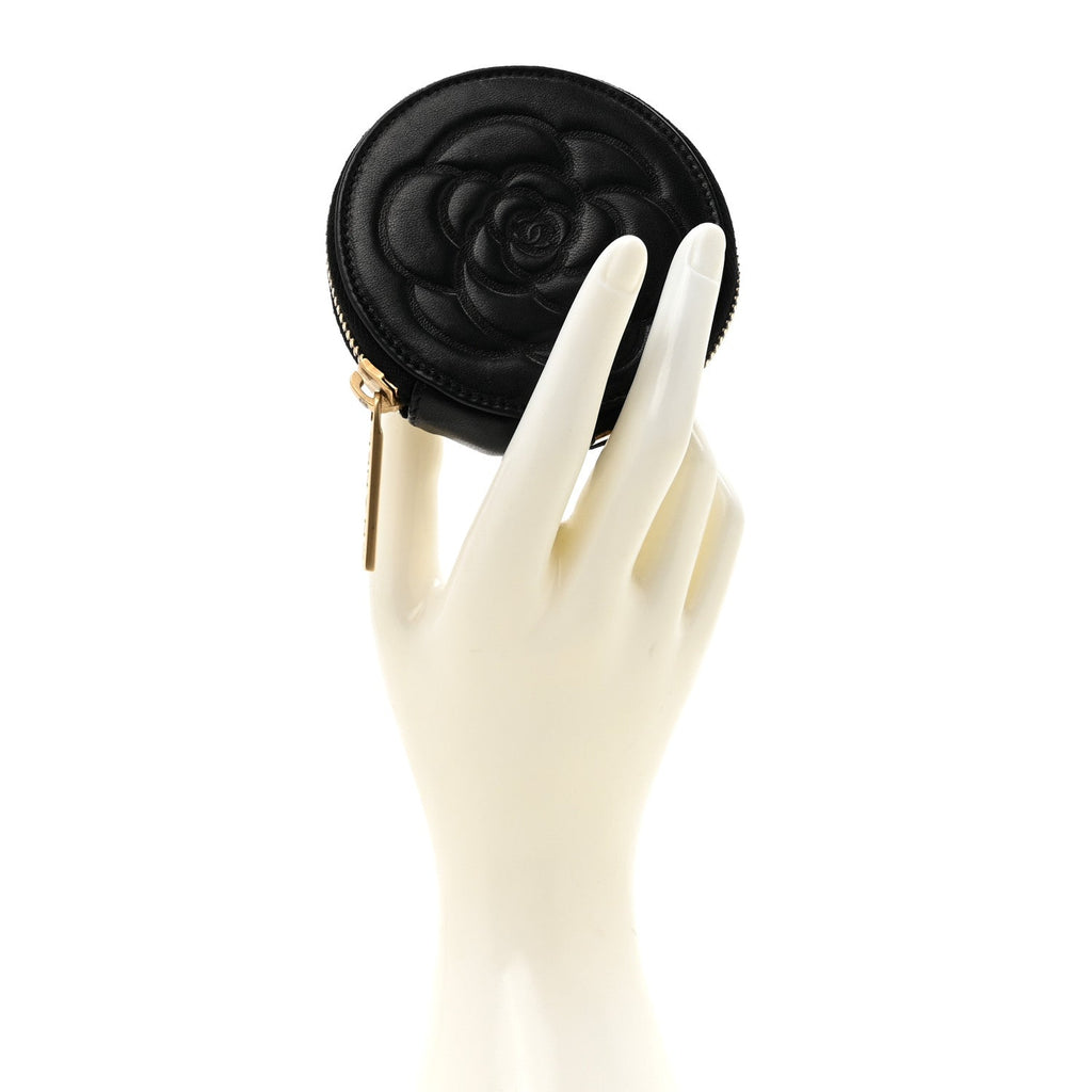 Lambskin Round Camellia CC Coin Purse Black