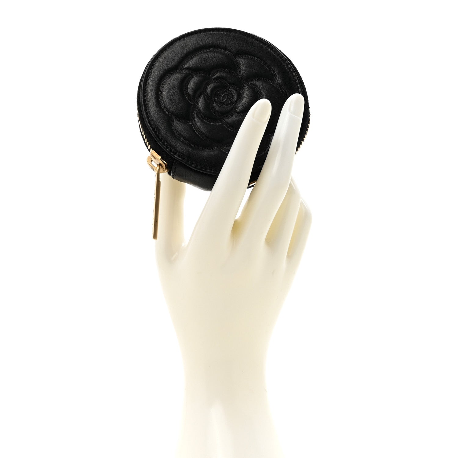 Lambskin Round Camellia CC Coin Purse Black