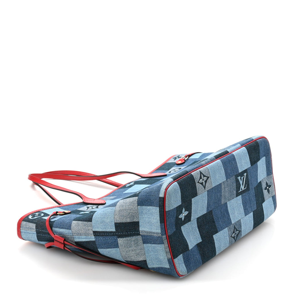 Denim Damier Monogram Patchwork Neverfull Blue Rouge