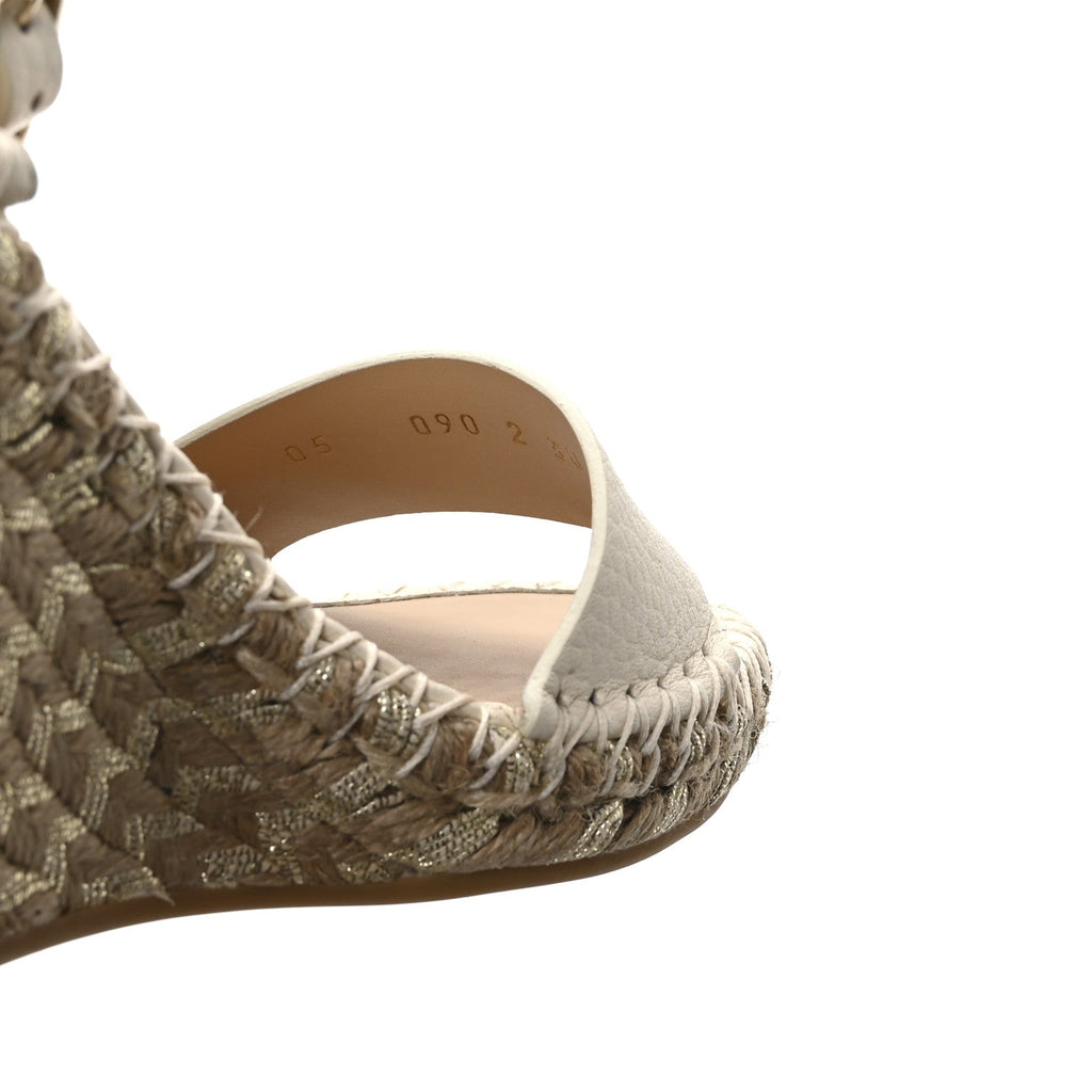 Grained Calfskin Rockstud Ankle Strap Espadrille 15/105mm Wedge Sandals 38 Light Ivory Natural