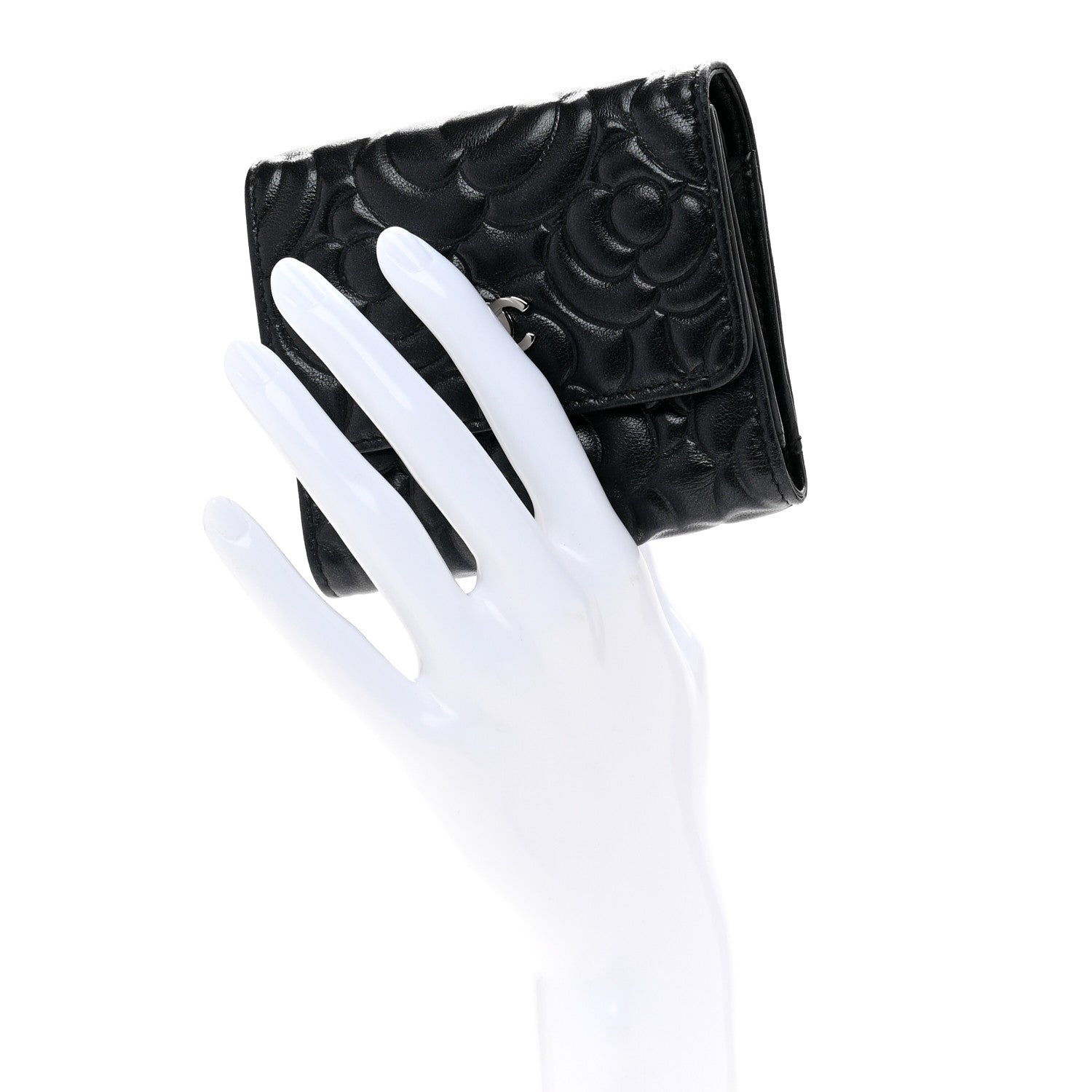 Lambskin Camellia Embossed Small Double Wallet Black