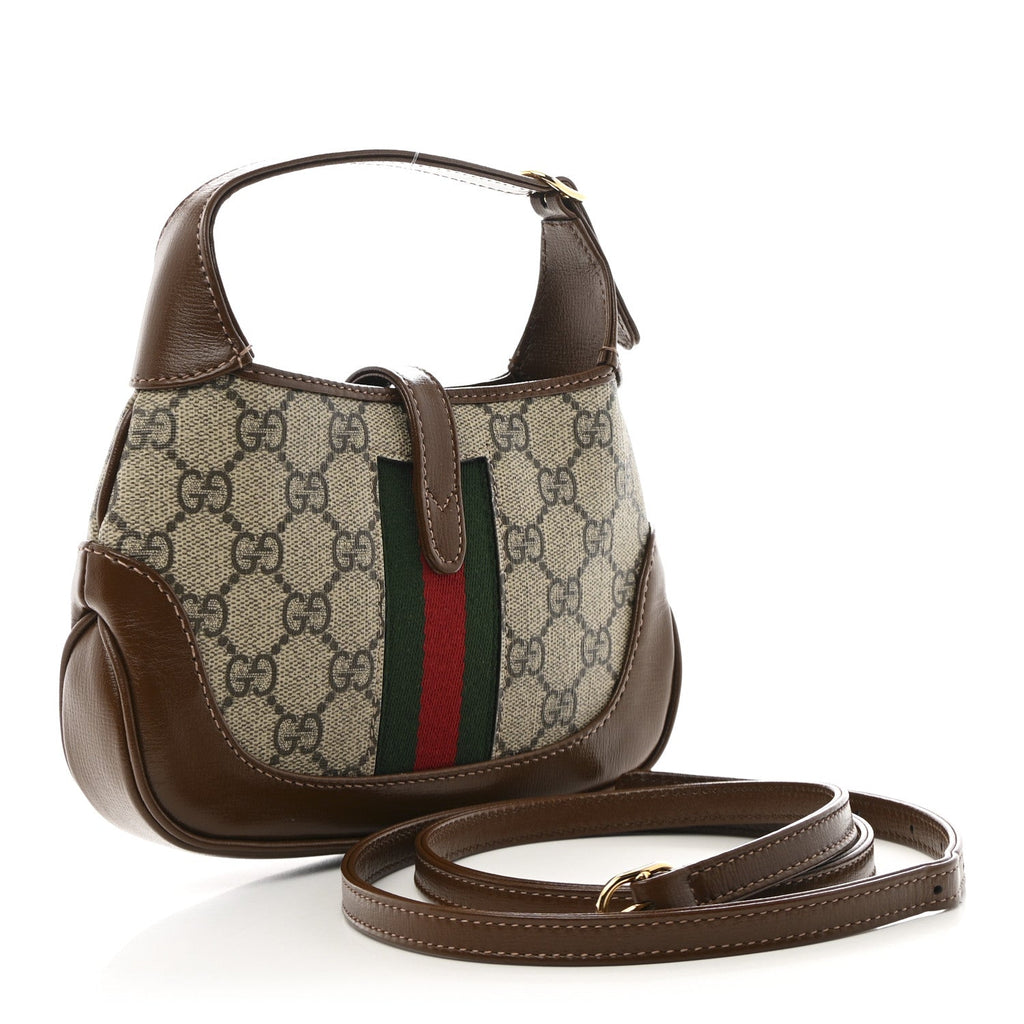 GG Supreme Monogram Azalea Calfskin Web Mini Jackie 1961 Hobo Beige Ebony Brown Sugar