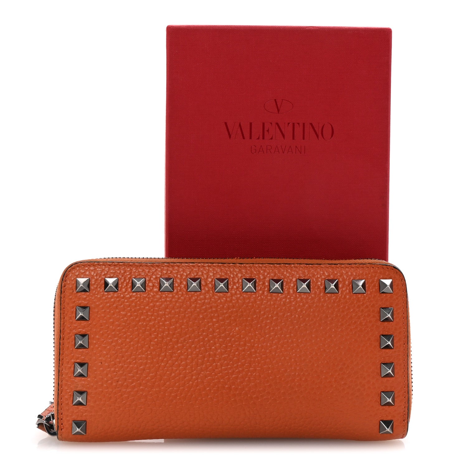 Grained Calfskin Rockstud Zip Around Wallet Orange