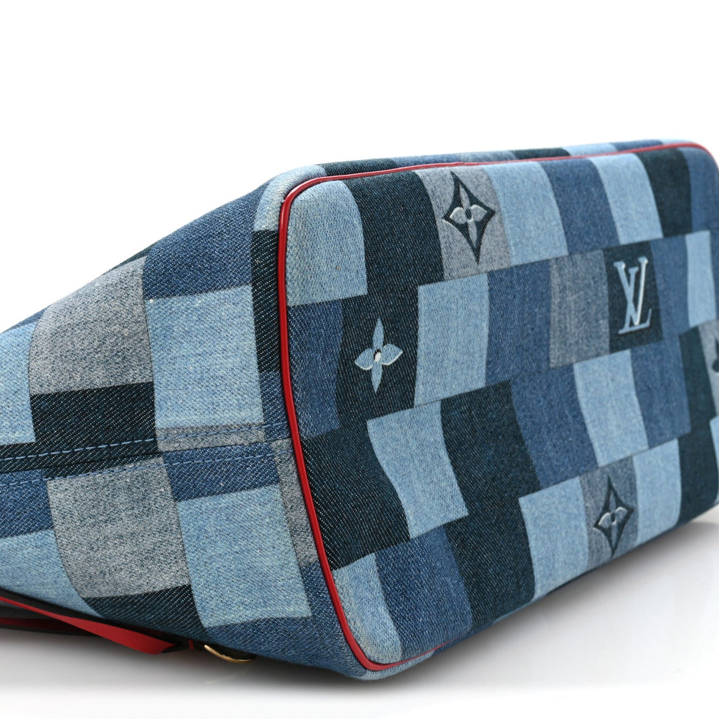 Denim Damier Monogram Patchwork Neverfull Blue Rouge