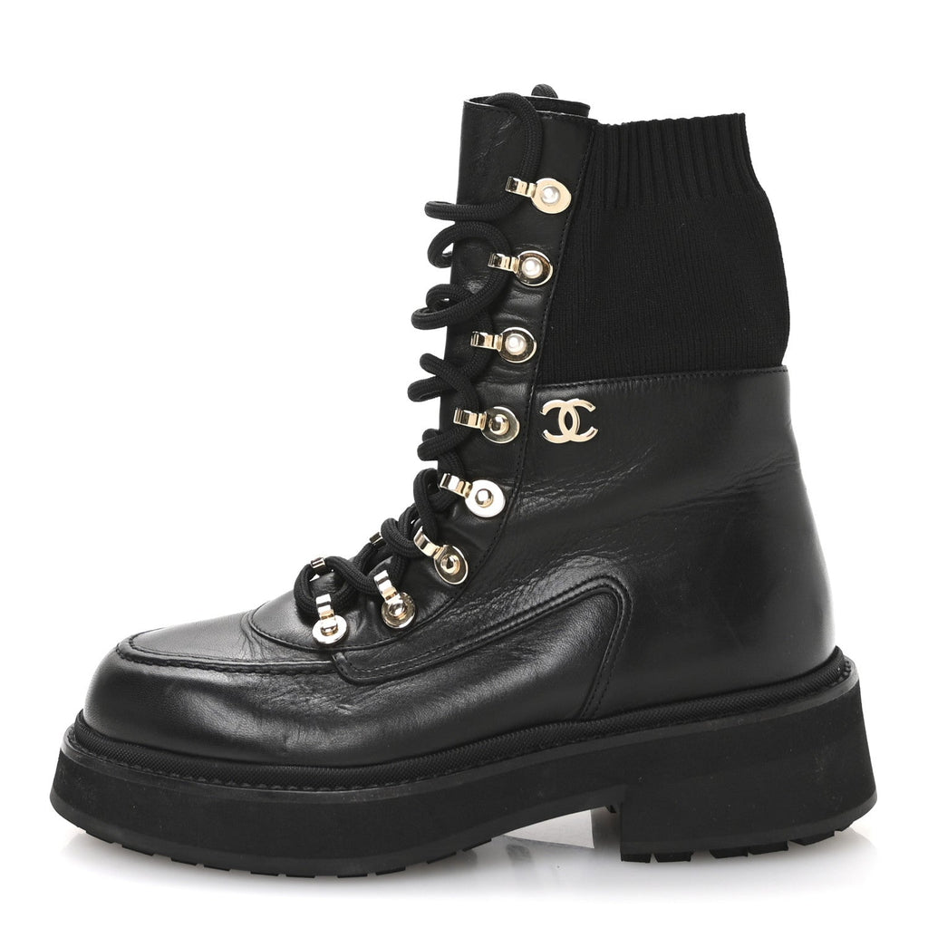 Calfskin Knit Lace Up Combat Boots 37.5 Black