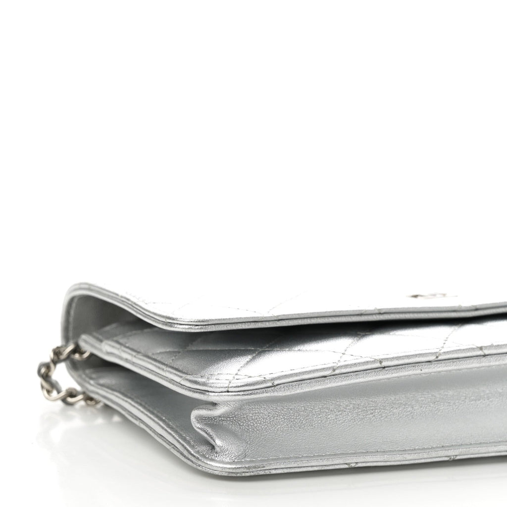 Metallic Lambskin Quilted Wallet On Chain WOC Silver