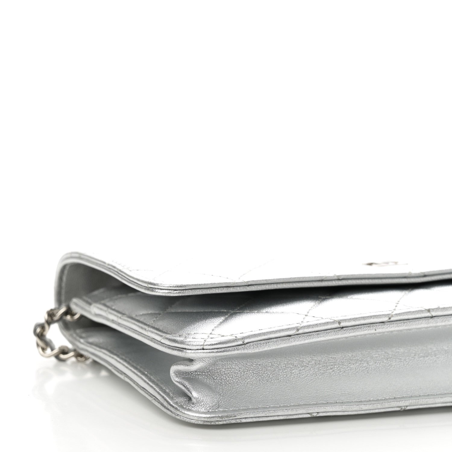 Metallic Lambskin Quilted Wallet On Chain WOC Silver