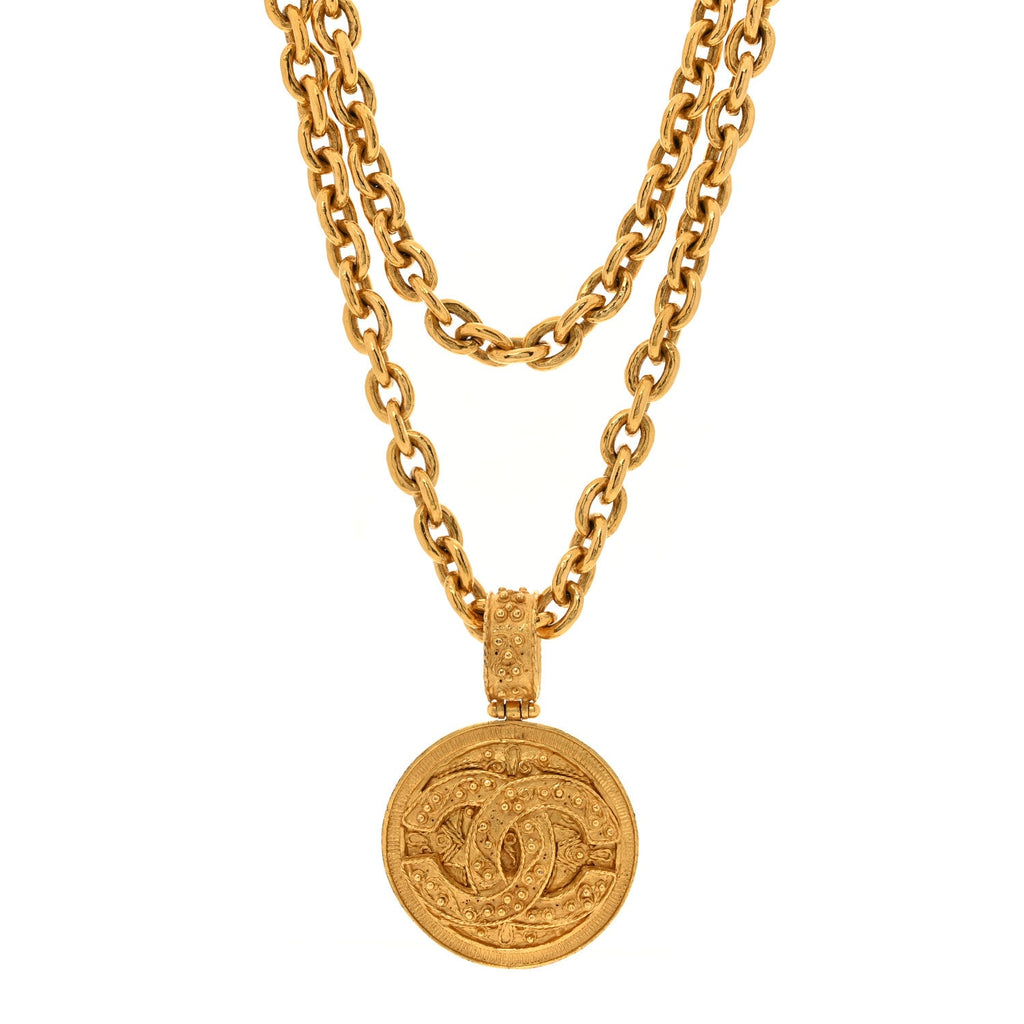 CC Medallion Long Chain Necklace Gold