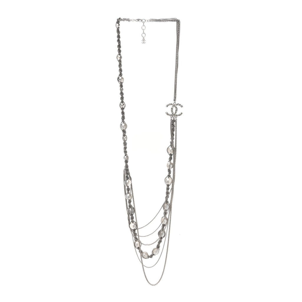 Crystal Pearl Multi Strand Chain CC Long Necklace  Silver