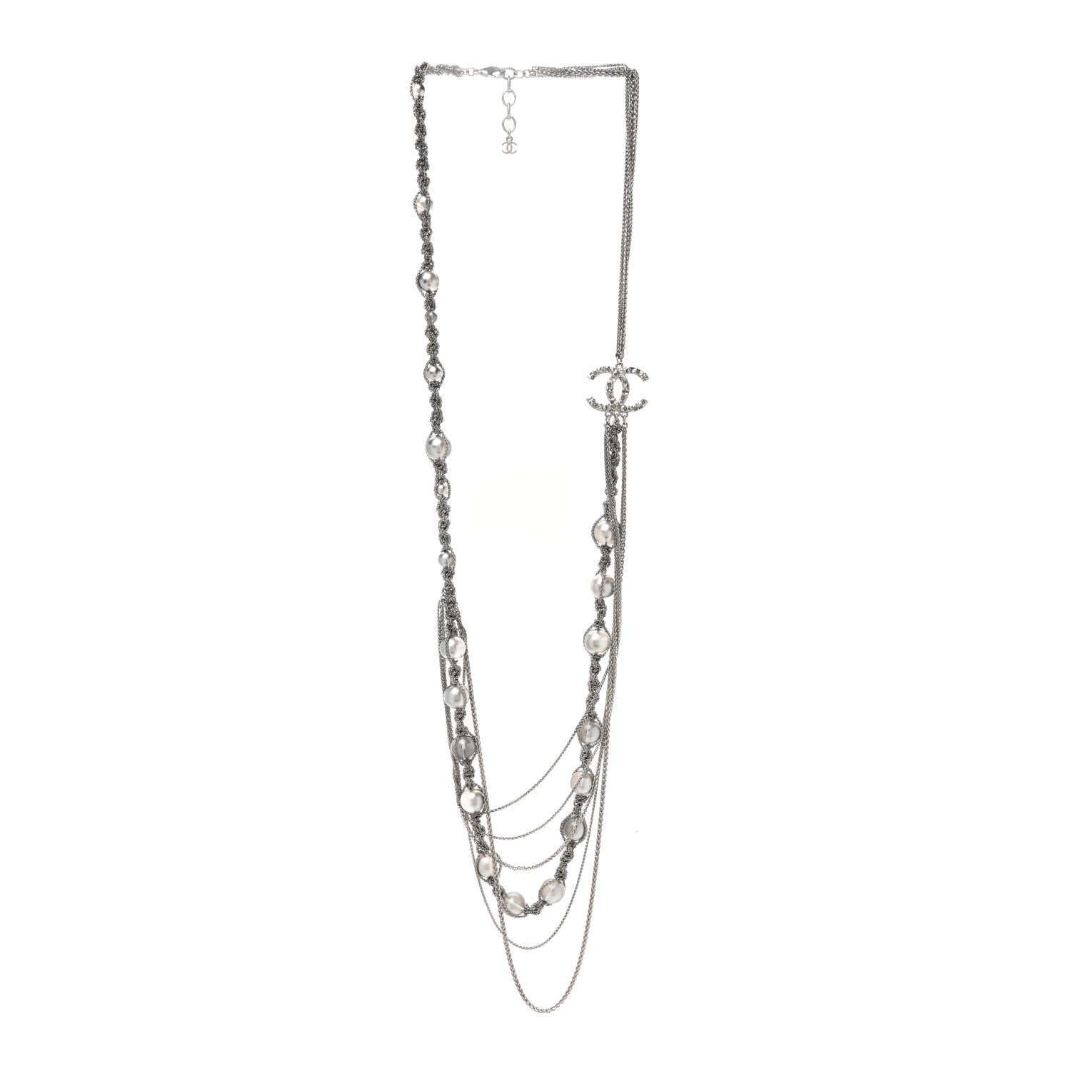 Crystal Pearl Multi Strand Chain CC Long Necklace  Silver