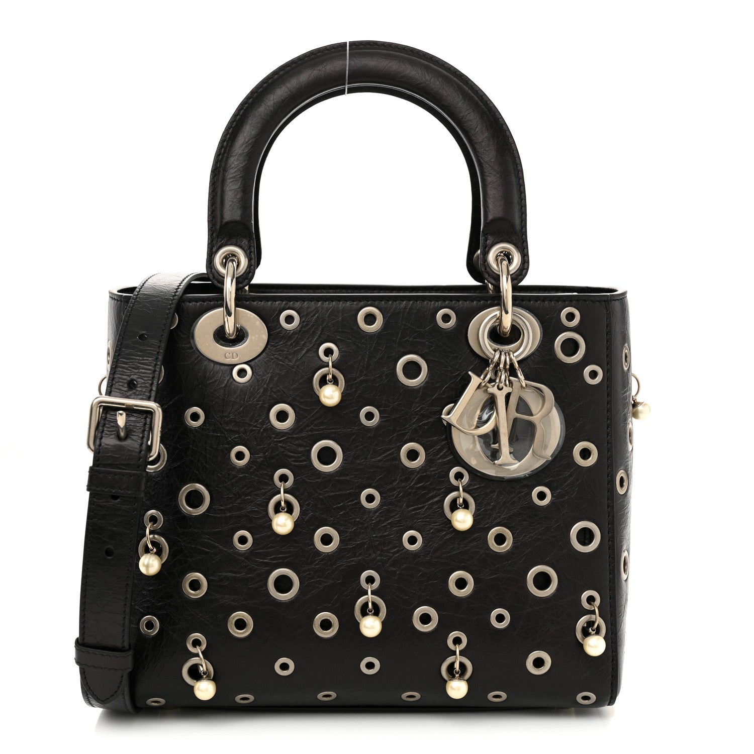 Crinkled Calfskin Studded Pearls Medium Lady Dior Black
