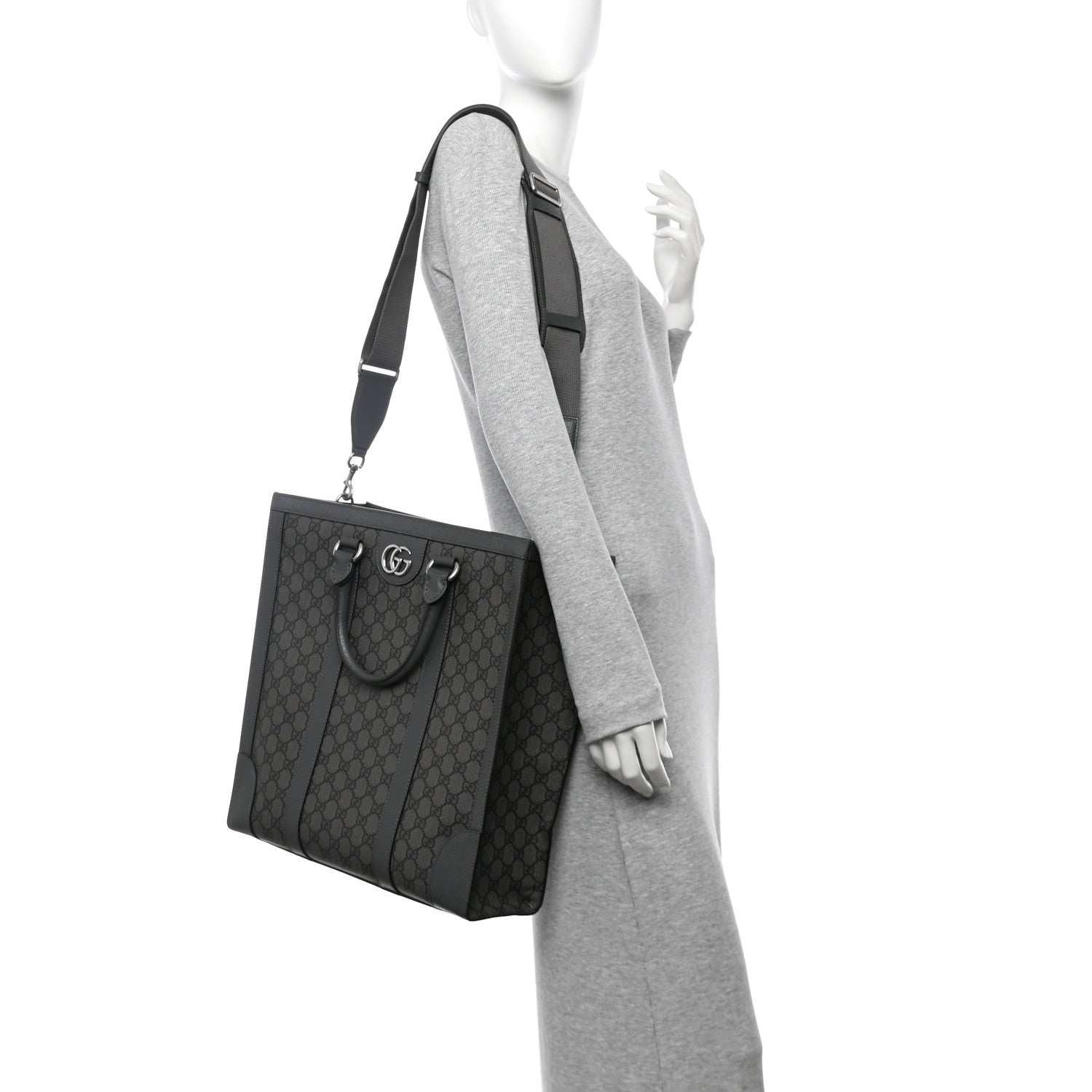 GG Supreme Monogram Textured Dollar Calfskin Medium Ophidia Tote Grey Black Graphite Grey