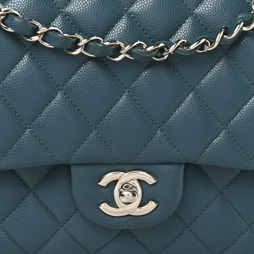 Caviar Quilted Medium Double Flap Turquoise