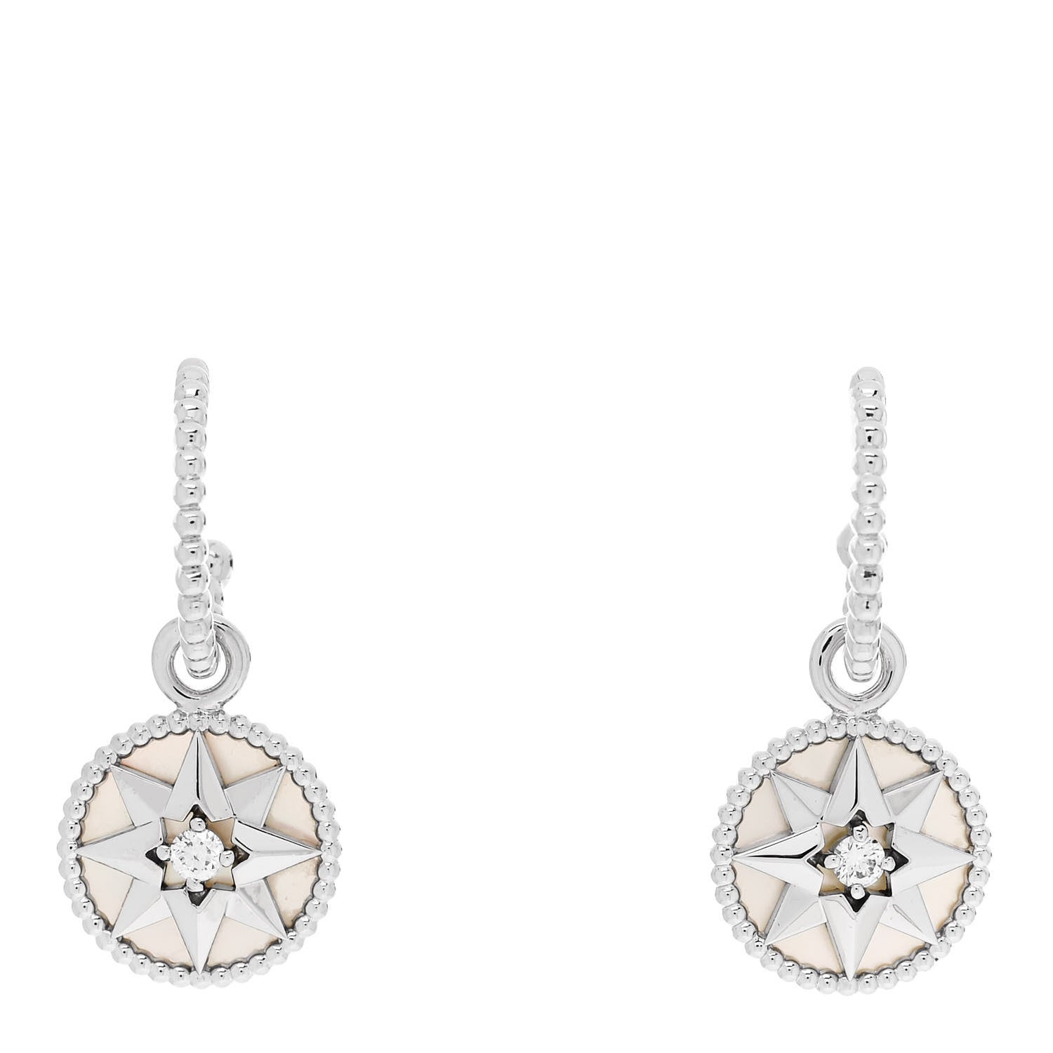 18K White Gold Diamond Mother of Pearl Rose Des Vents Drop Earrings