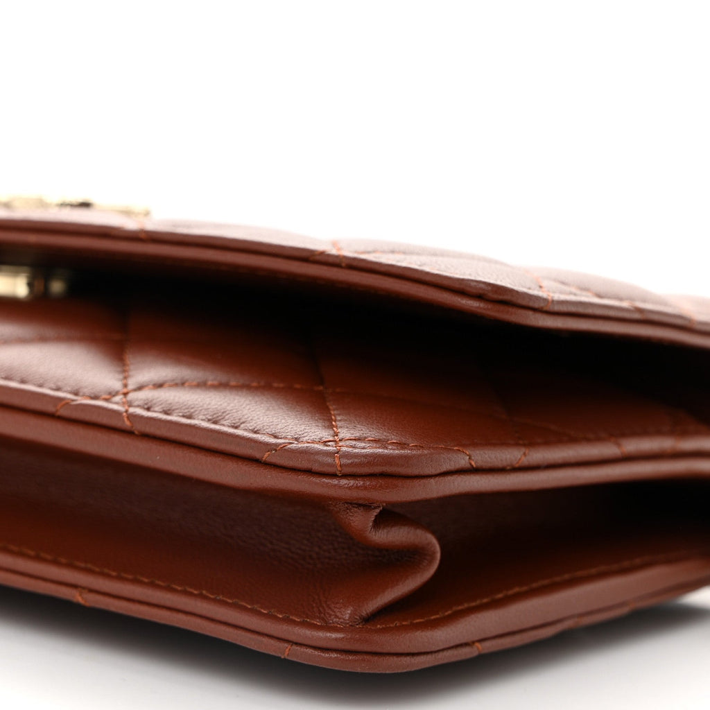 Lambskin Quilted Crystal Pearl CC Wallet On Chain WOC  Brown