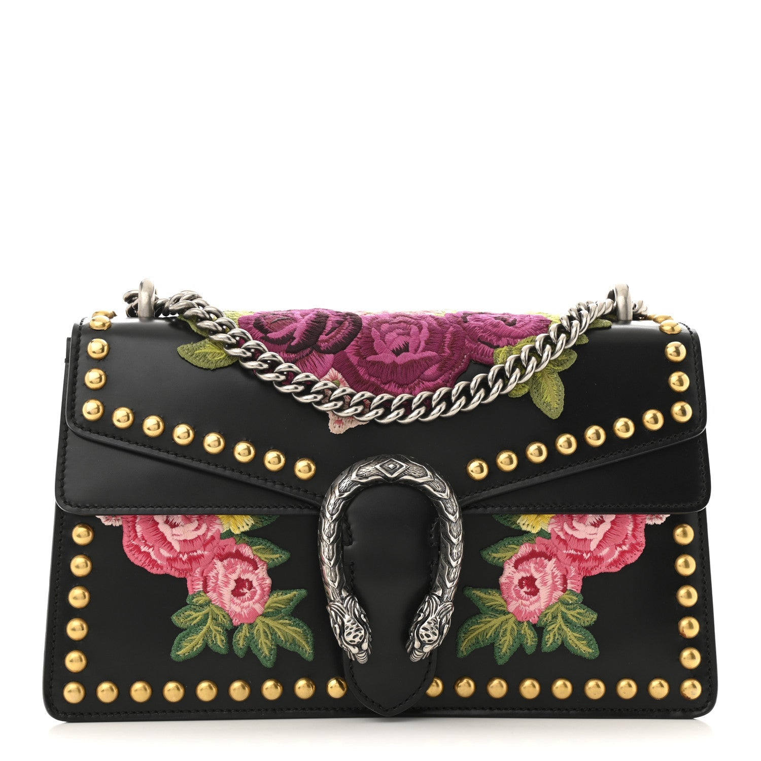 Calfskin Floral Embroidered Studded Small Dionysus Shoulder Bag Black
