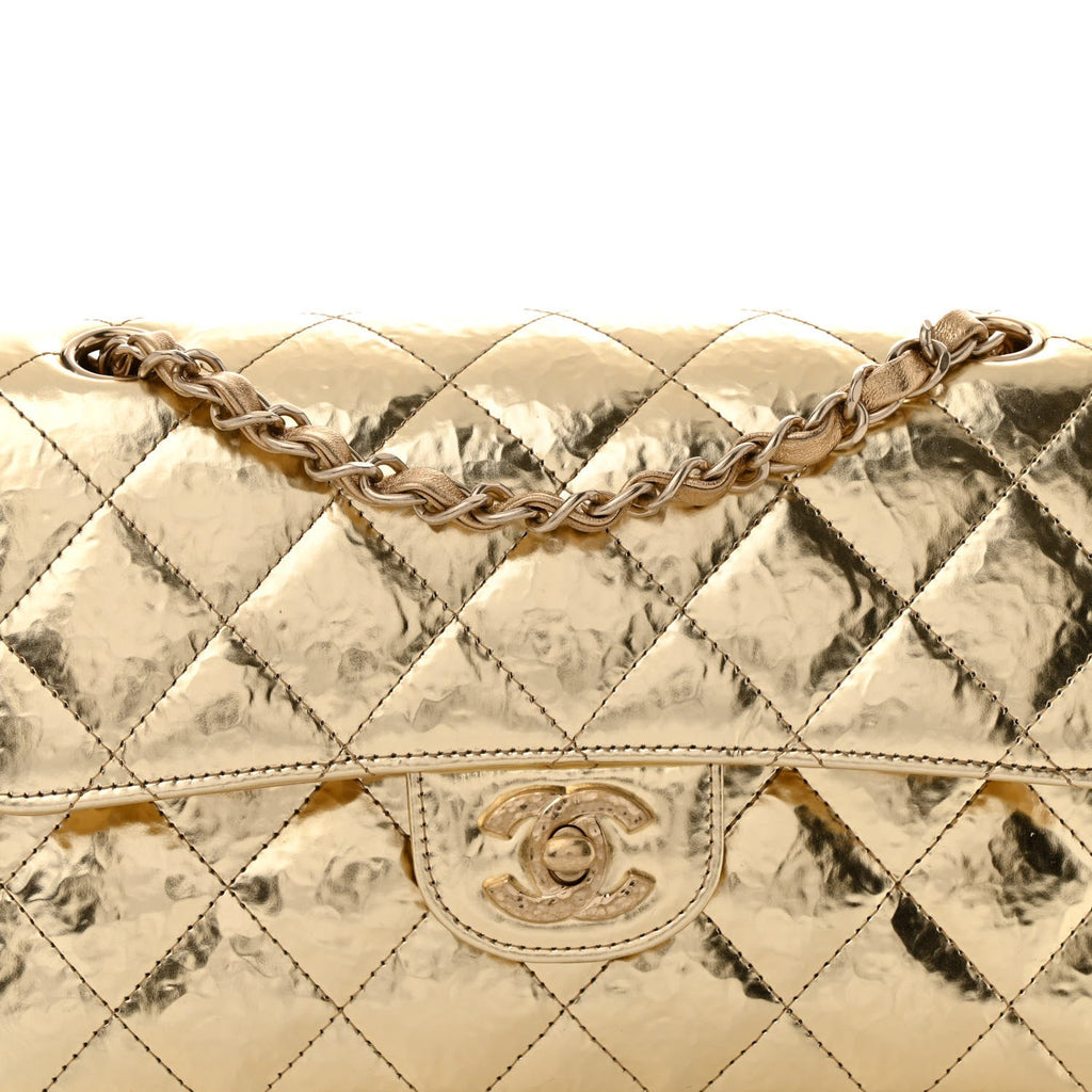 Hammered Metallic Calfskin Quilted Small Double Flap Gold