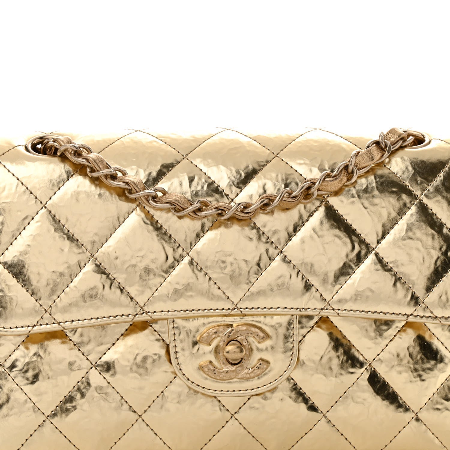 Hammered Metallic Calfskin Quilted Small Double Flap Gold