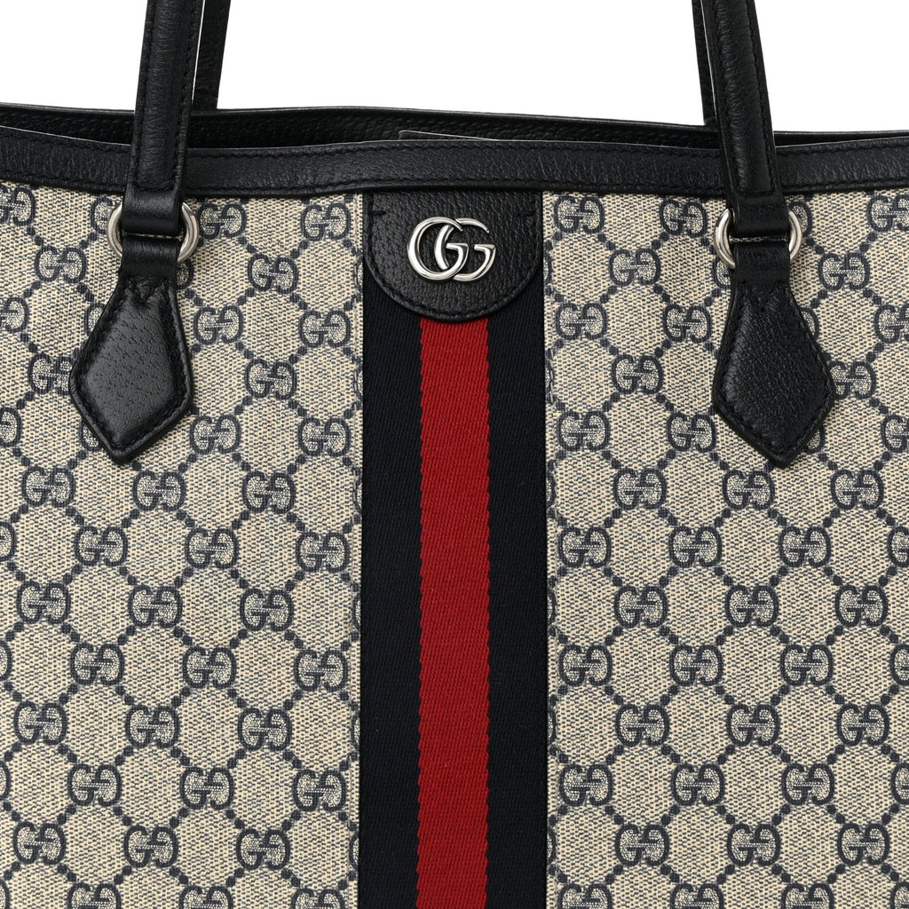 GG Supreme Monogram Textured Calfskin Web Medium Ophidia Shopping Tote Beige Blue