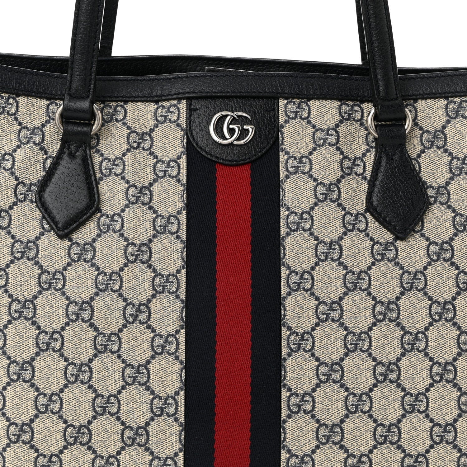 GG Supreme Monogram Textured Calfskin Web Medium Ophidia Shopping Tote Beige Blue