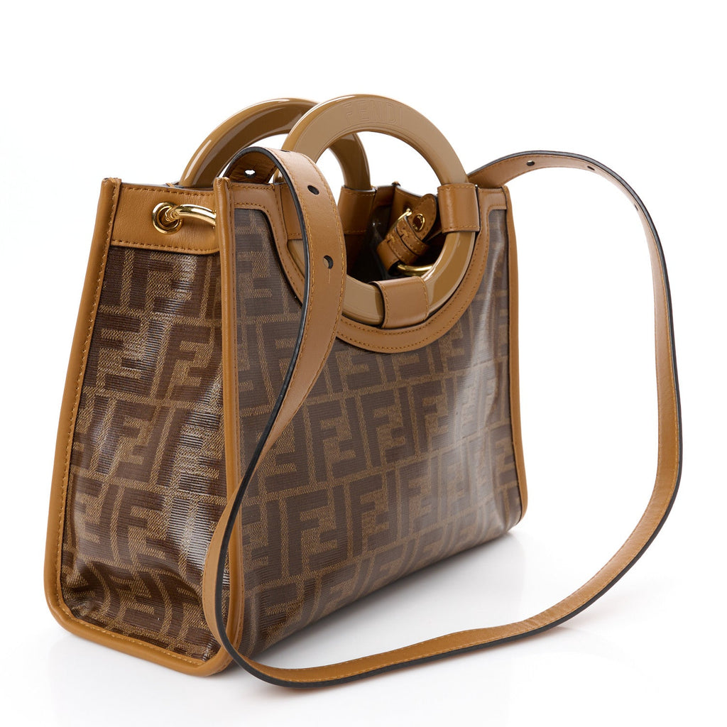 Glazed Fabric Vitello Century Plexiglass FF 1974 Stamp Patch Small Runaway Shopper Tote Mogano Panna Nocciola