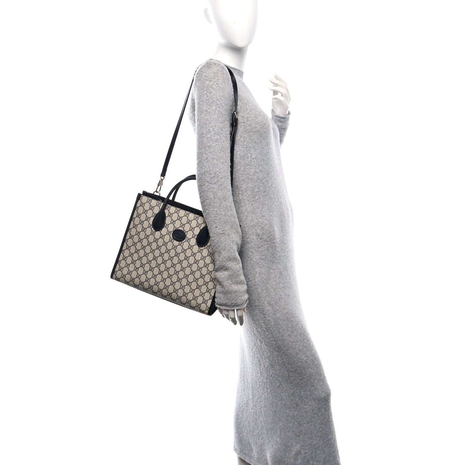 GG Supreme Monogram Textured Dollar Calfskin Small Retro Interlocking G Tote Bag Beige Blue