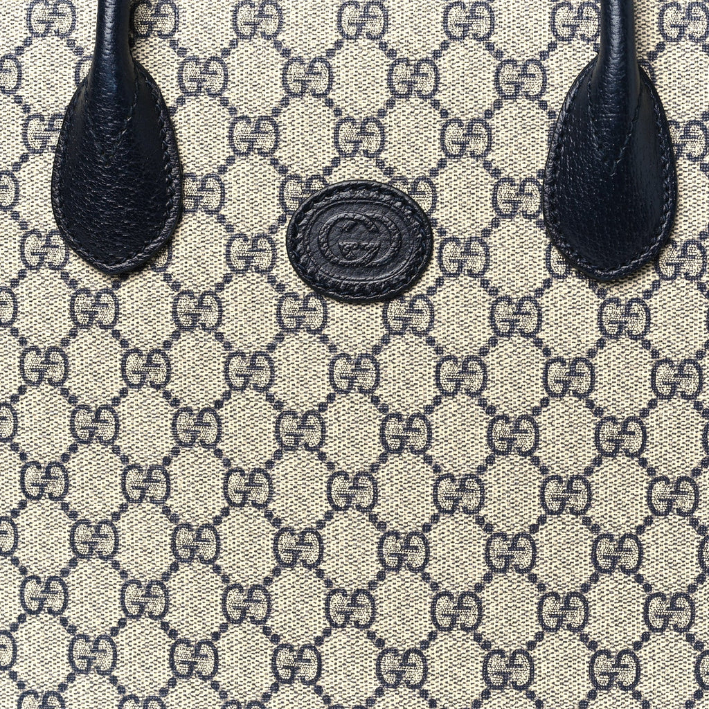 GG Supreme Monogram Textured Dollar Calfskin Small Retro Interlocking G Tote Bag Beige Blue