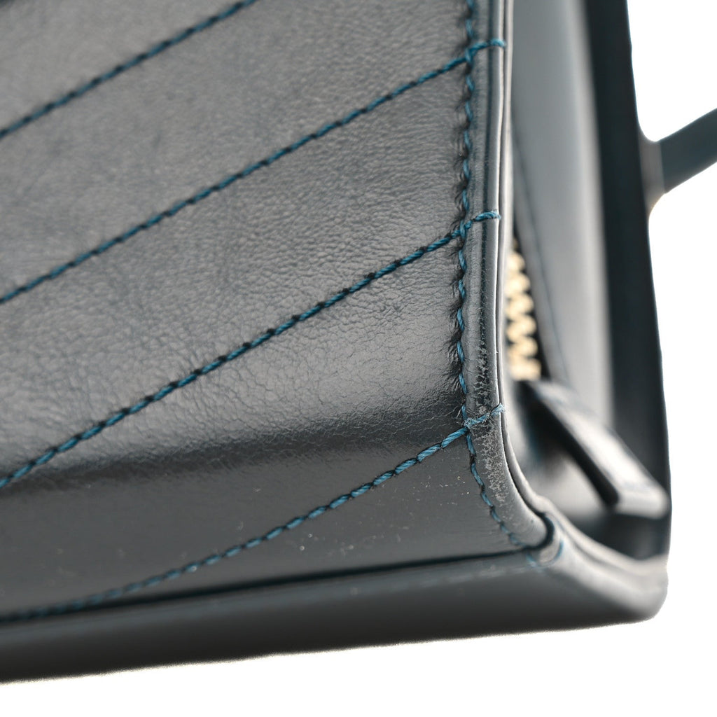 Calfskin Chevron Quilted Medal Flap Blue