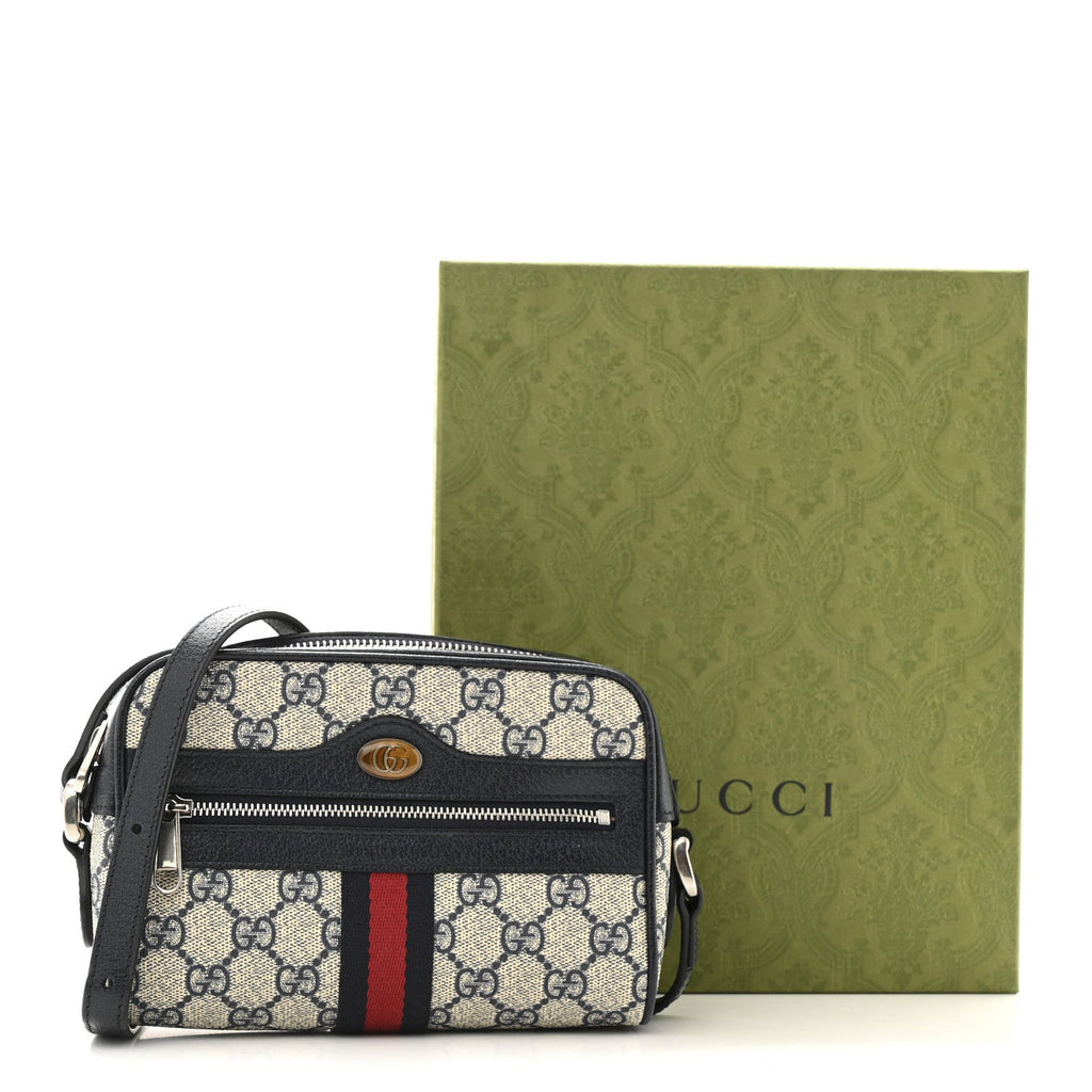 GG Supreme Monogram Textured Dollar Calfskin Web Mini Ophidia Shoulder Bag Beige Blue