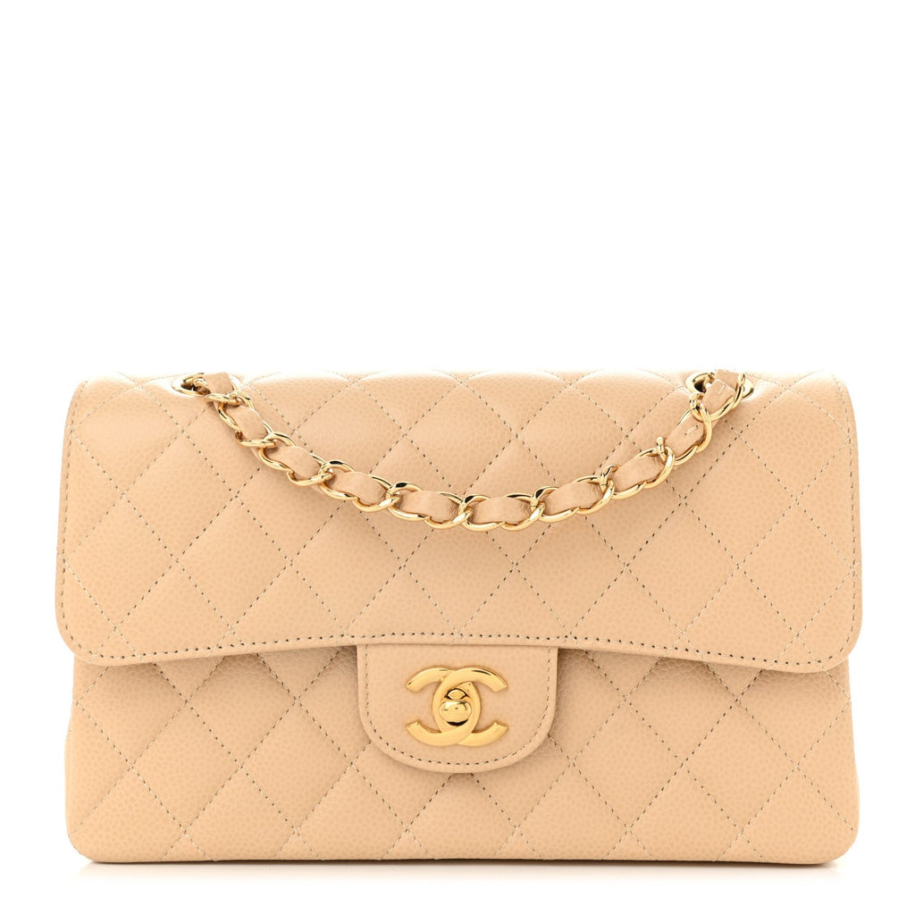 Caviar Quilted Small Double Flap Beige