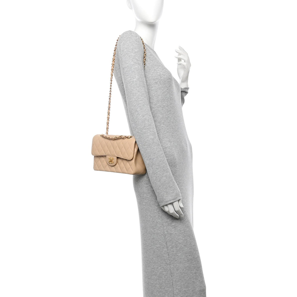 Caviar Quilted Small Double Flap Beige