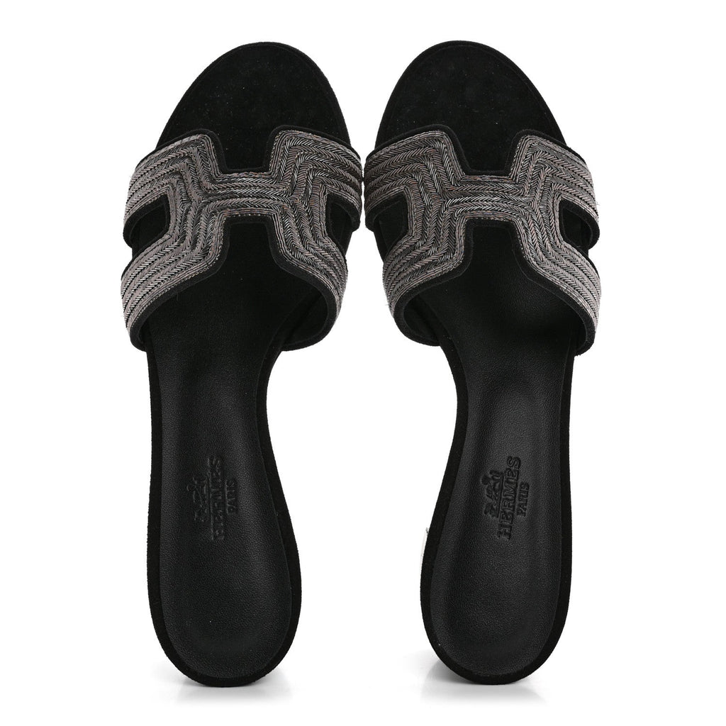 Chevre Velours Dabka Embroidered Oasis Sandals 37 Black