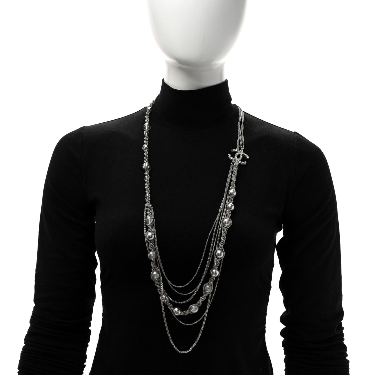 Crystal Pearl Multi Strand Chain CC Long Necklace  Silver