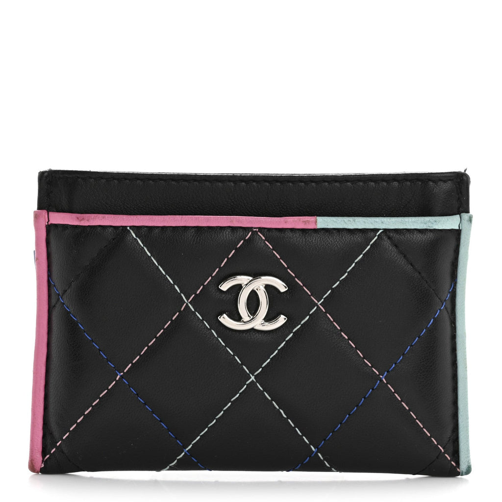 Lambskin Quilted Chanel Card Holder Black Pink Light Blue