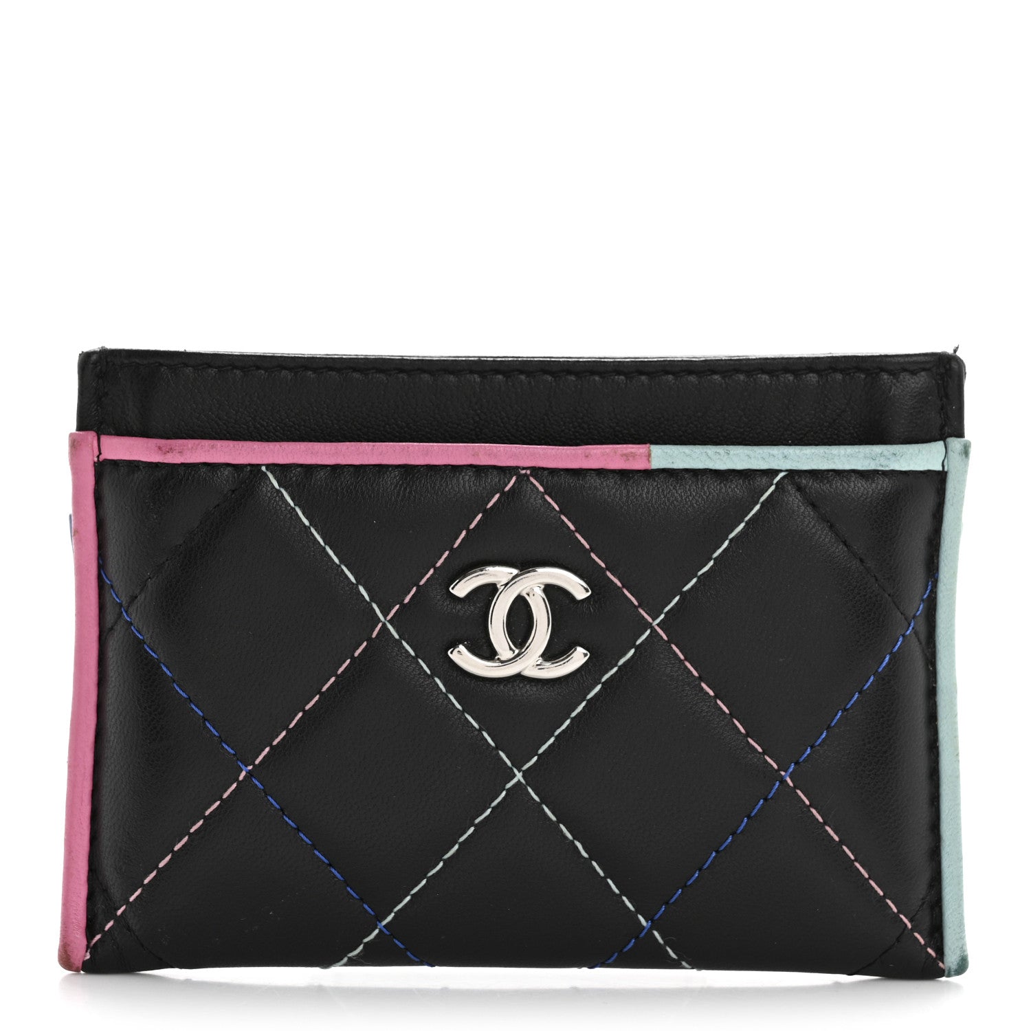 Lambskin Quilted Chanel Card Holder Black Pink Light Blue