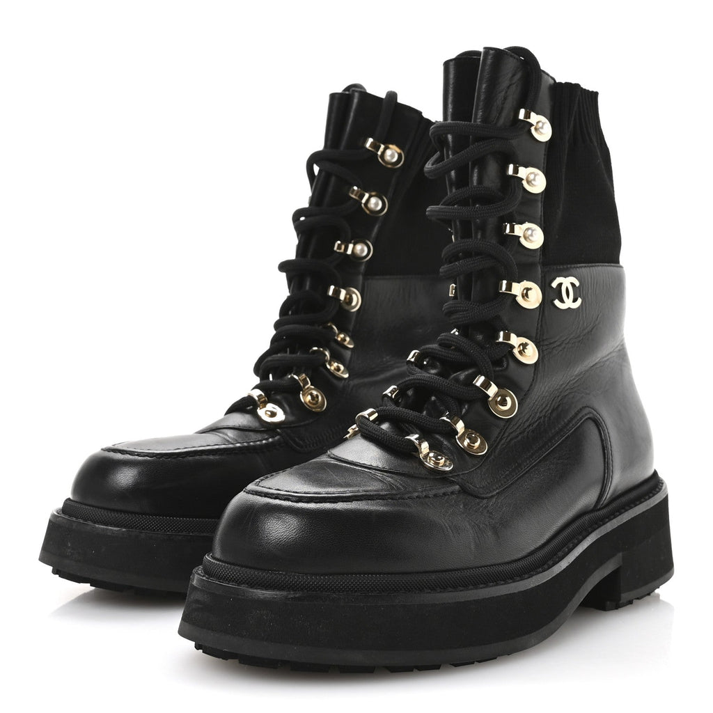 Calfskin Knit Lace Up Combat Boots 37.5 Black