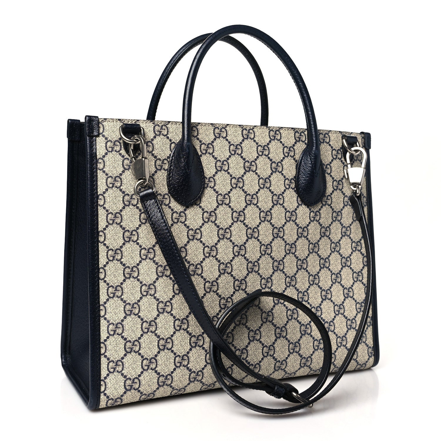 GG Supreme Monogram Textured Dollar Calfskin Small Retro Interlocking G Tote Bag Beige Blue