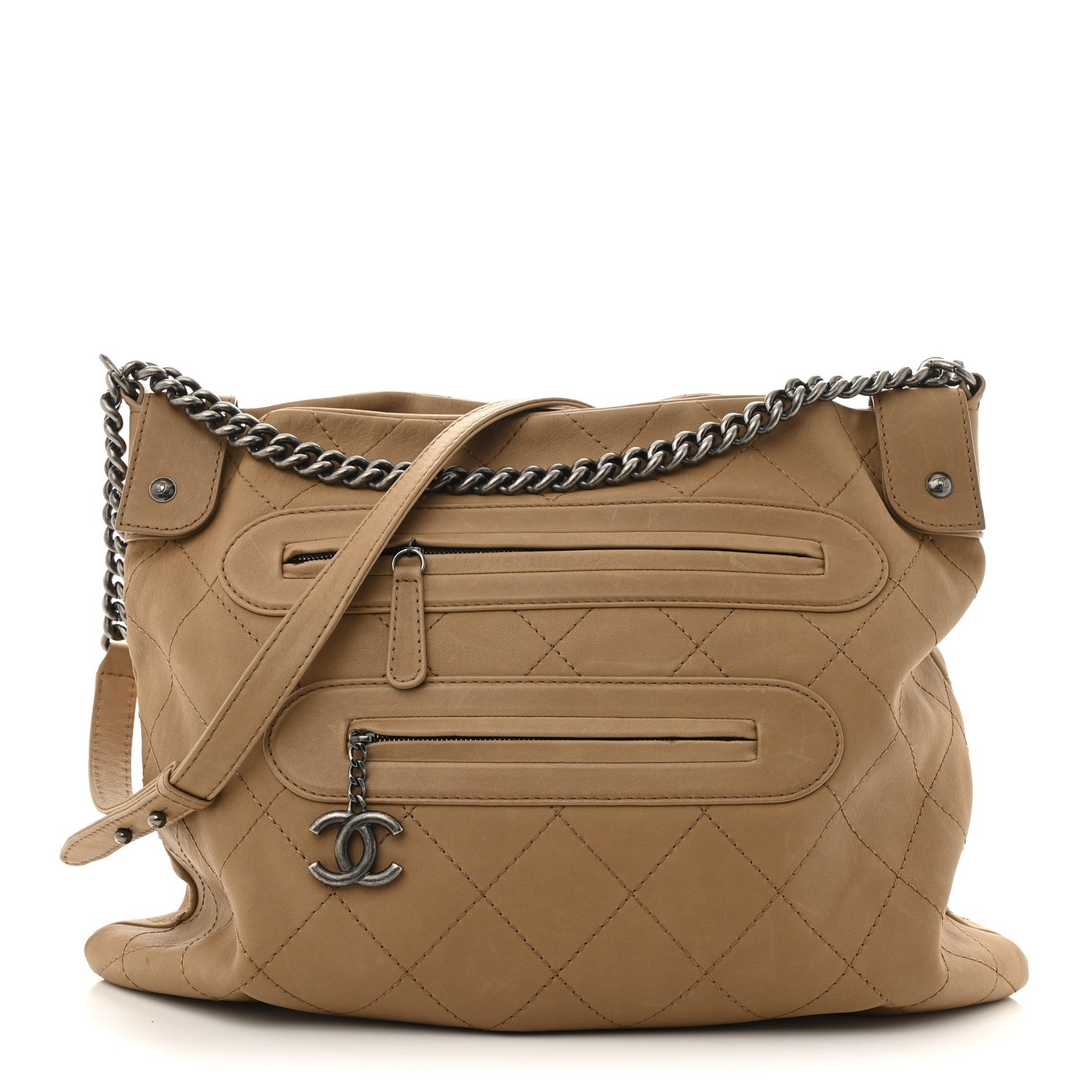 Calfskin Stitched Double Zip Hobo Beige