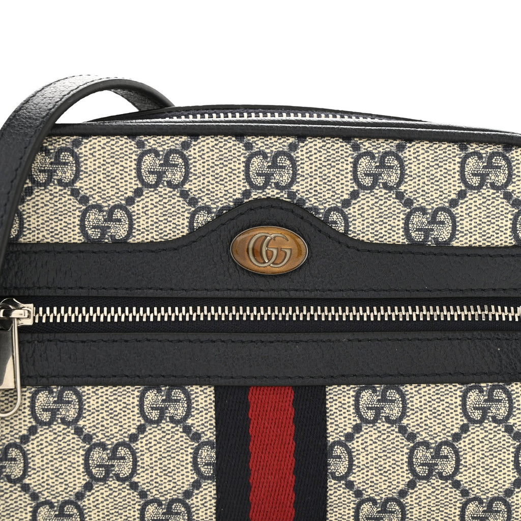 GG Supreme Monogram Textured Dollar Calfskin Web Mini Ophidia Shoulder Bag Beige Blue
